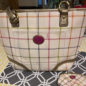 COACH Handbag White with Multicolor Plaid / Square Pattern